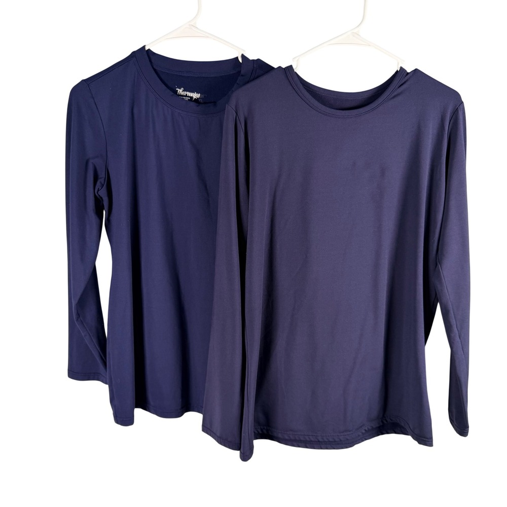 Thermajane Womens Thermal Long Sleeve Top Set of 2 Navy Blue Fleece Lined XL‎
